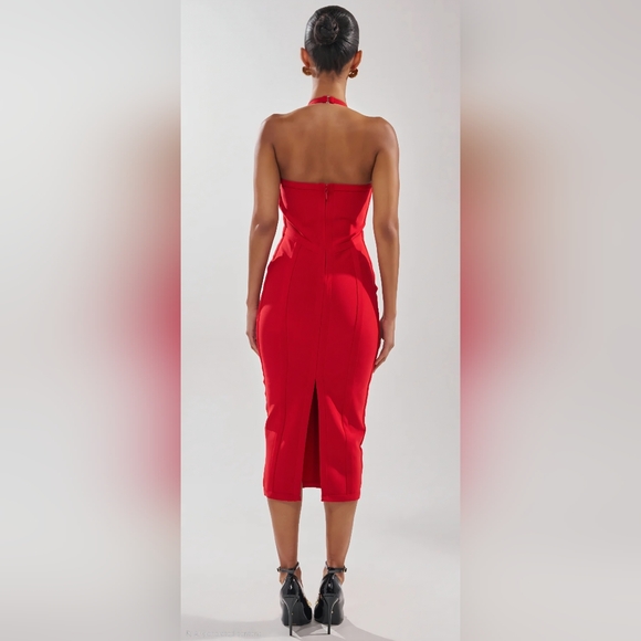 ​Red Hot Confidence: The Sculpting Halter Midi By AKIRA - Picture 3 of 5